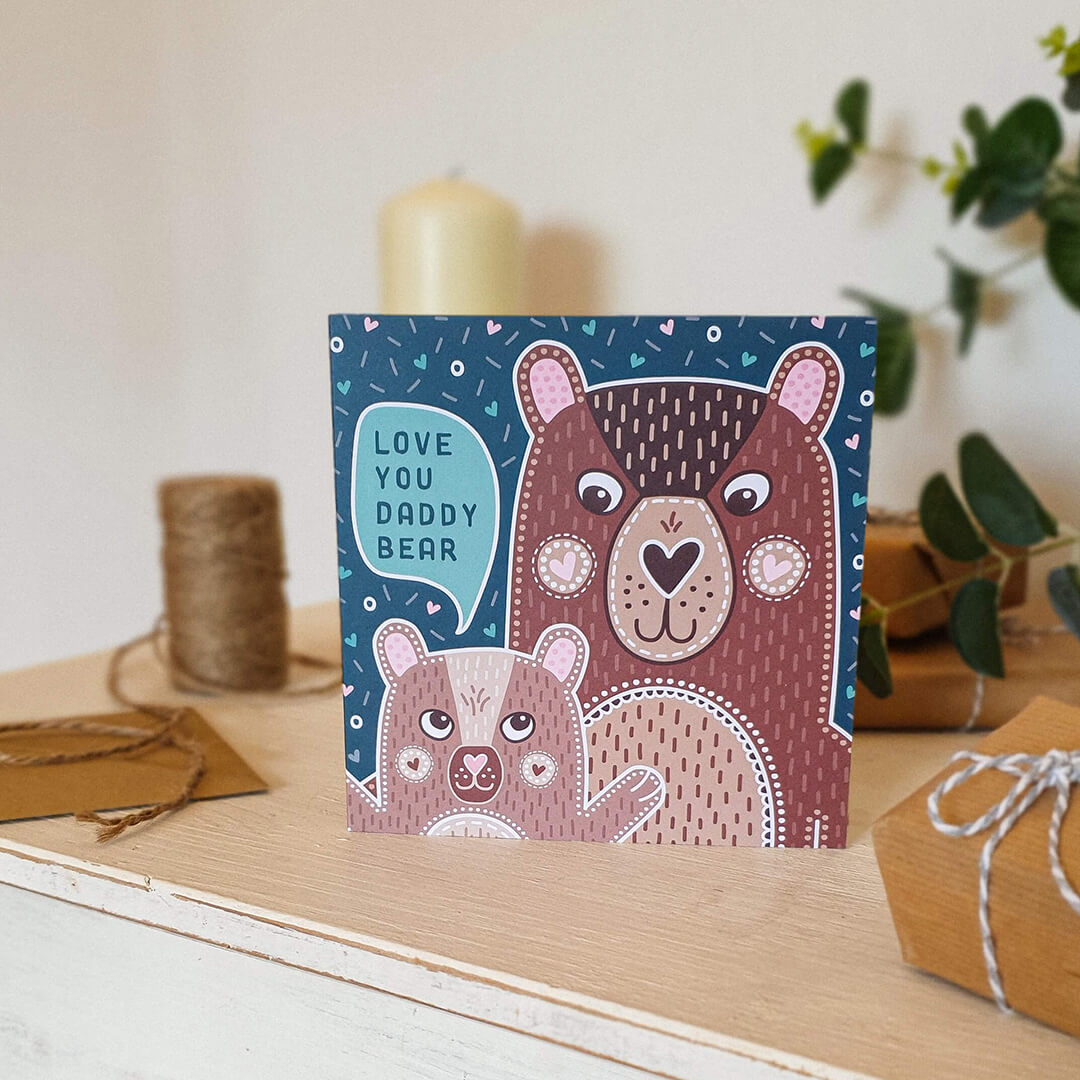 Love You Daddy Bear Cute Father's Day card for new dad featuring bear illustrations supplied with kraft brown recycled envelope