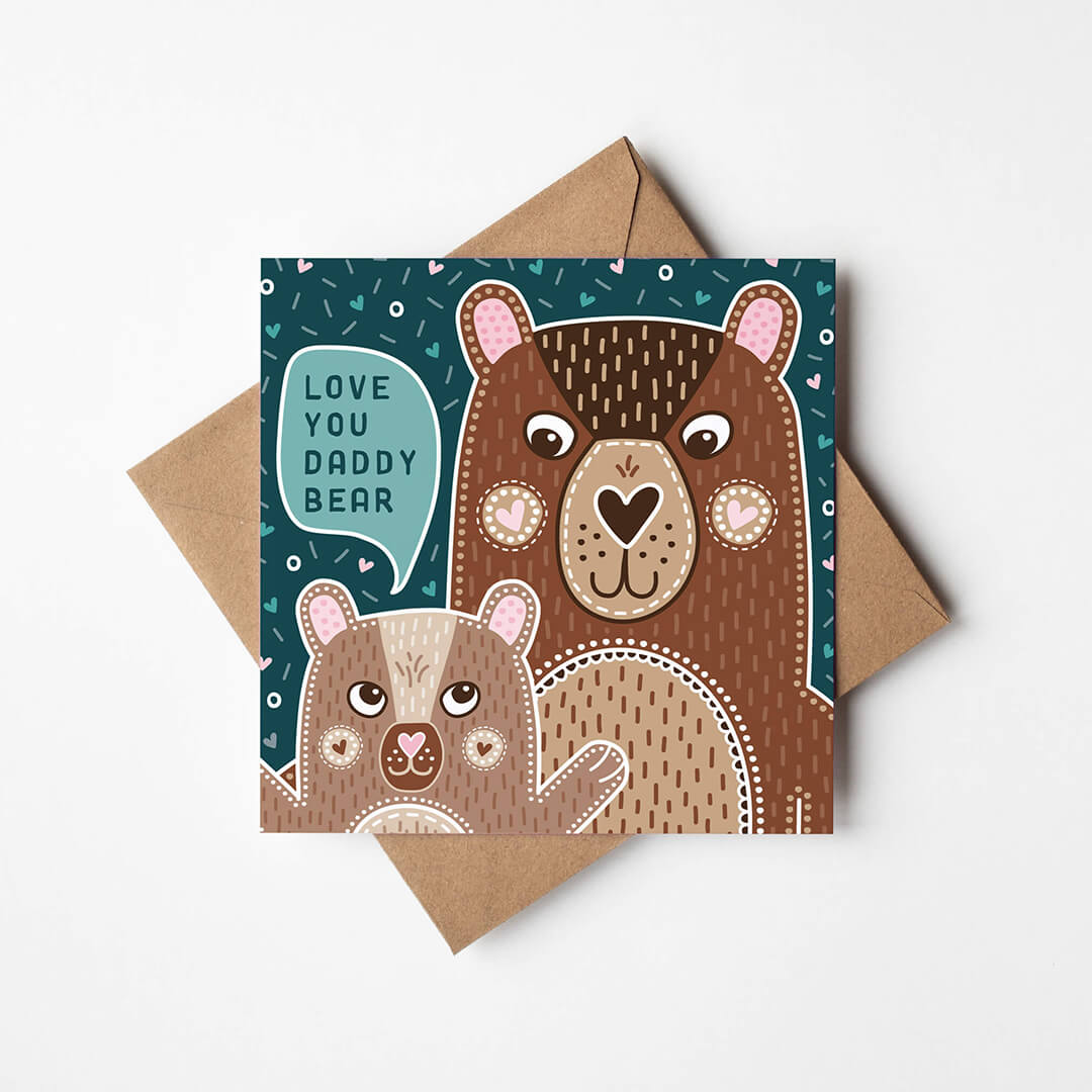 Cute Father's Day card with adorable daddy and baby bear illustrations and 'love you daddy bear' message