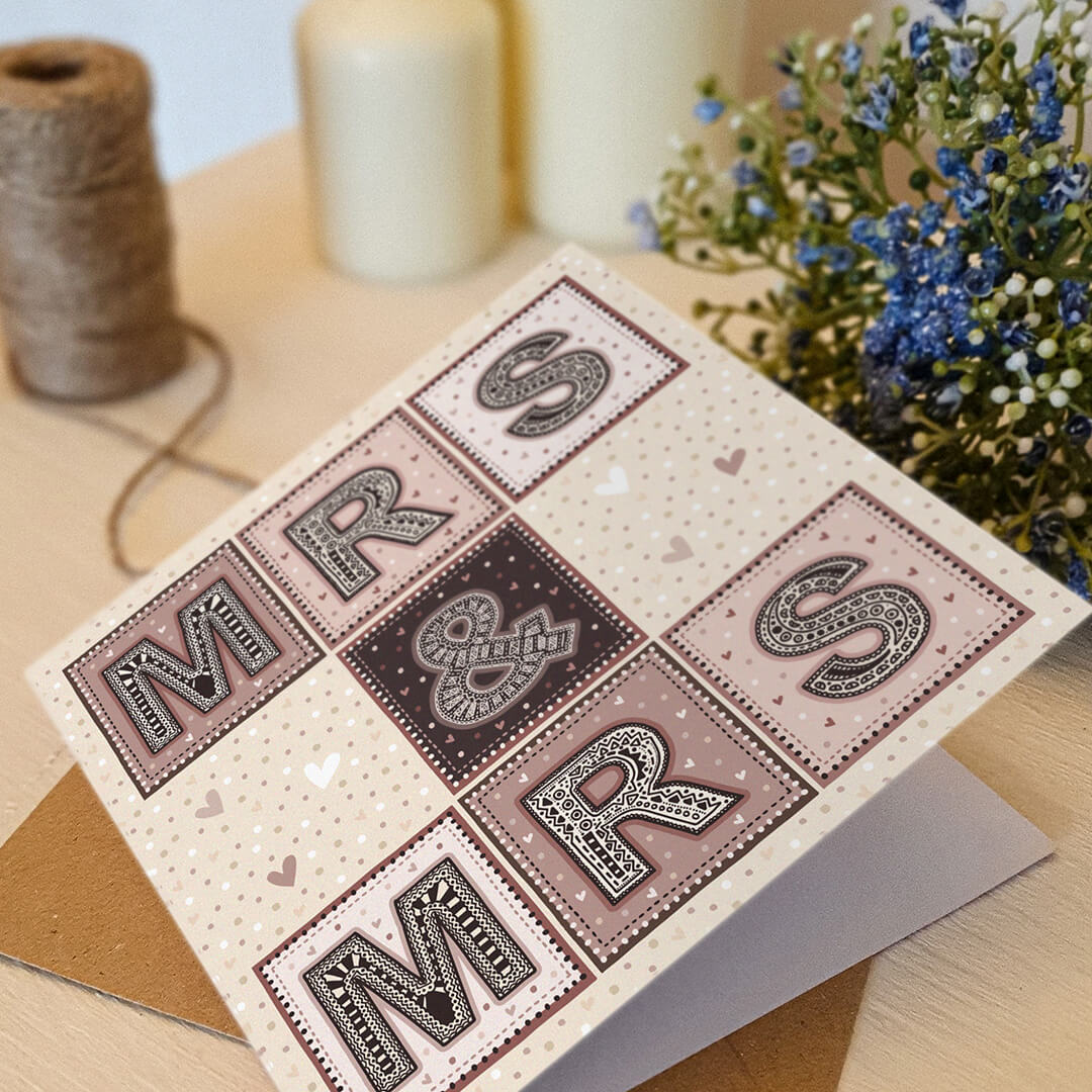Pink cream Mrs and Mrs wedding card For same sex weddings Printed on recycled card