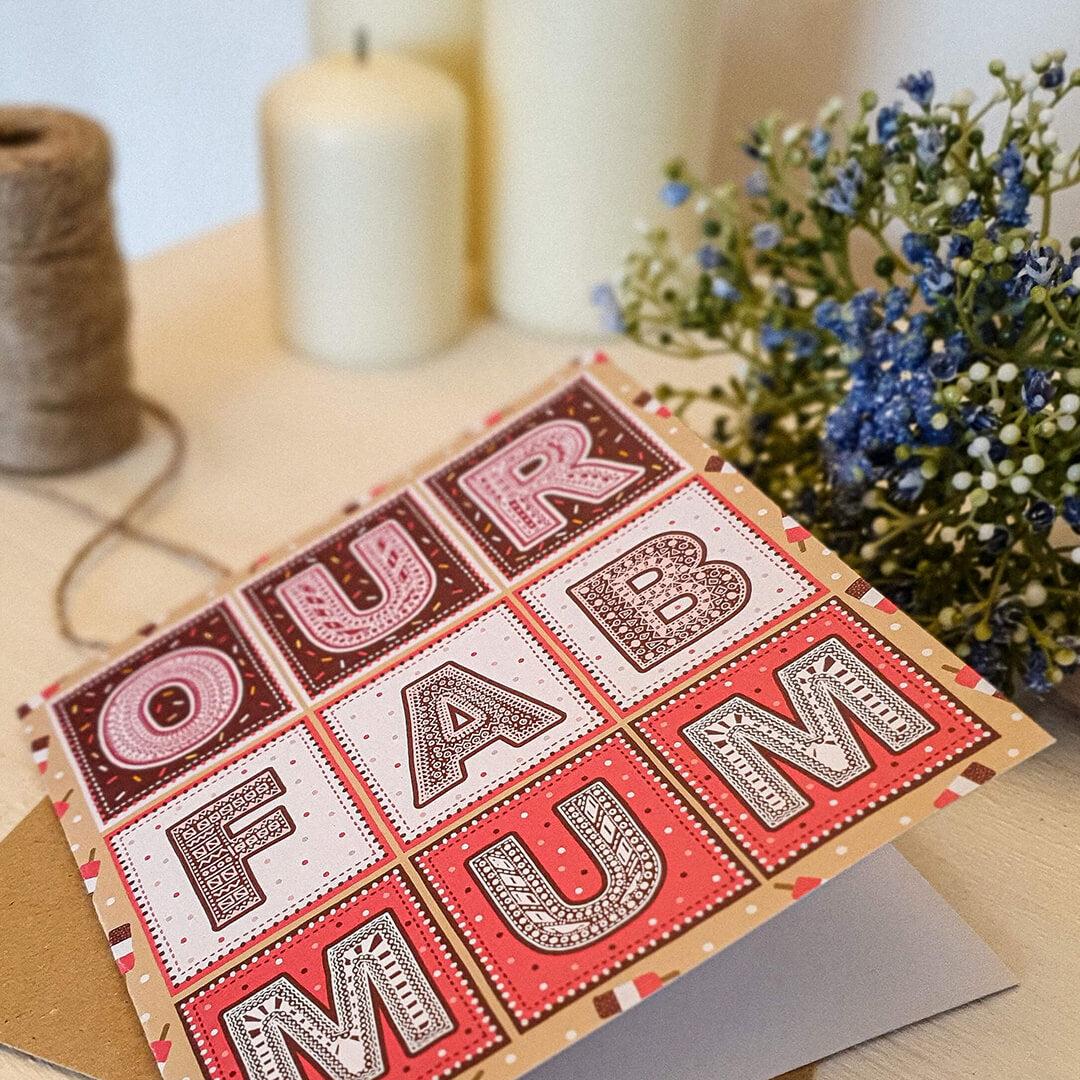 Our Fab Mum Mother's Day card from child Unique pink typographic Mother's Day card with ice-cream illustrations Printed on recycled card