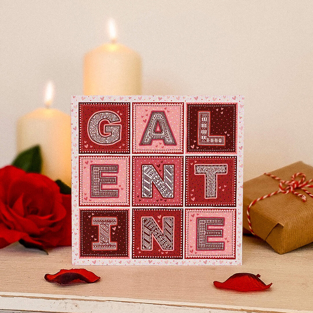 Galentine's Day card Printed on recycled card Kraft Brown recycled envelope Typographic red and pink Galentines Day card for friends