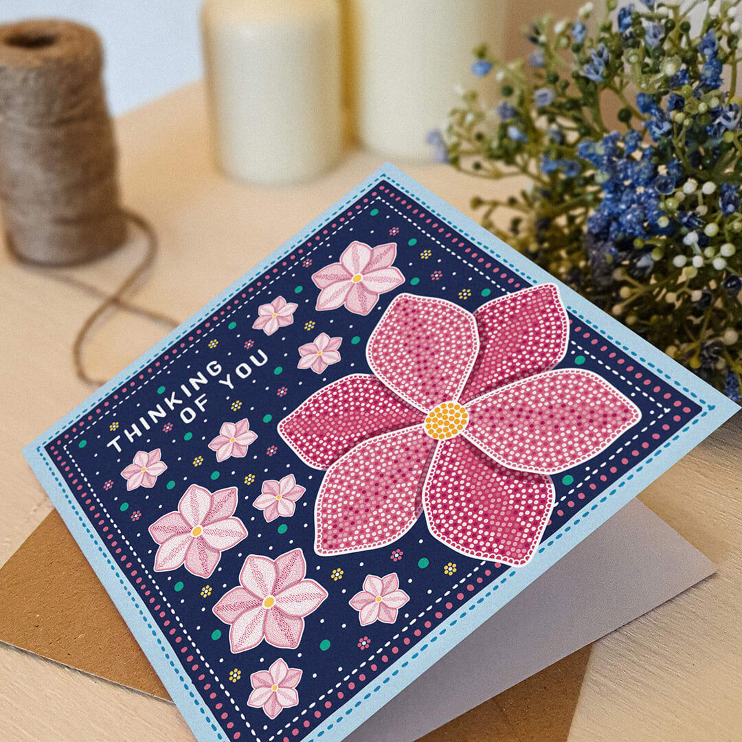 Floral Thinking Of You card Kraft Brown recycled envelope Intricate illustrated pink flowers Floral design