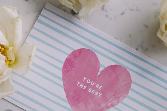 blue stripey galentine's day card with pink heart and 'you're the best' message