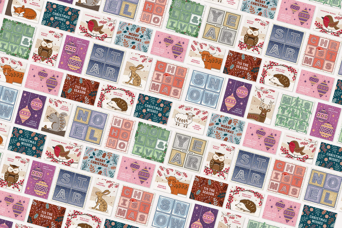 selection of unique christmas cards laid out in a grid format on a light background