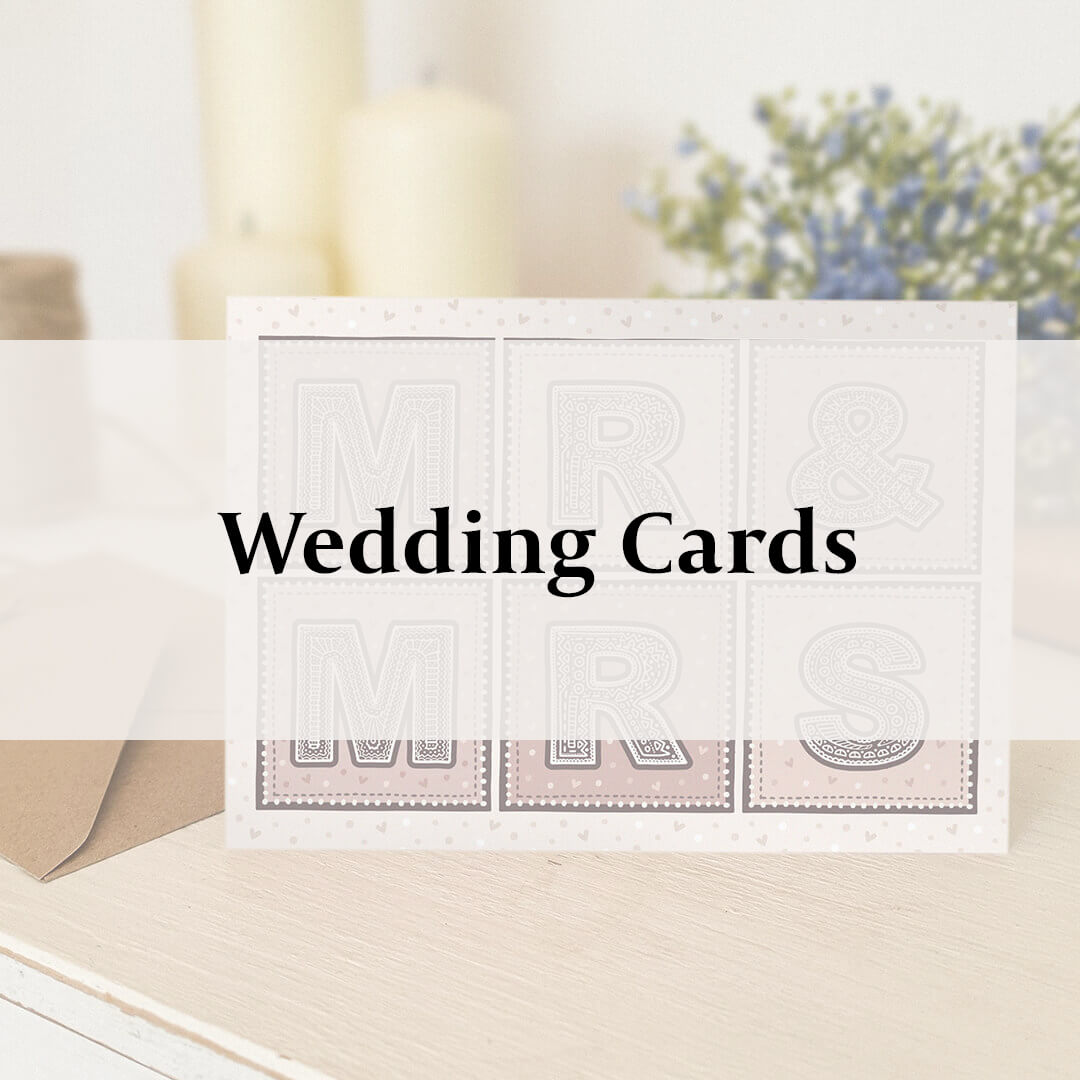pink and cream mr & mrs wedding card with 'Wedding Cards' text overlay