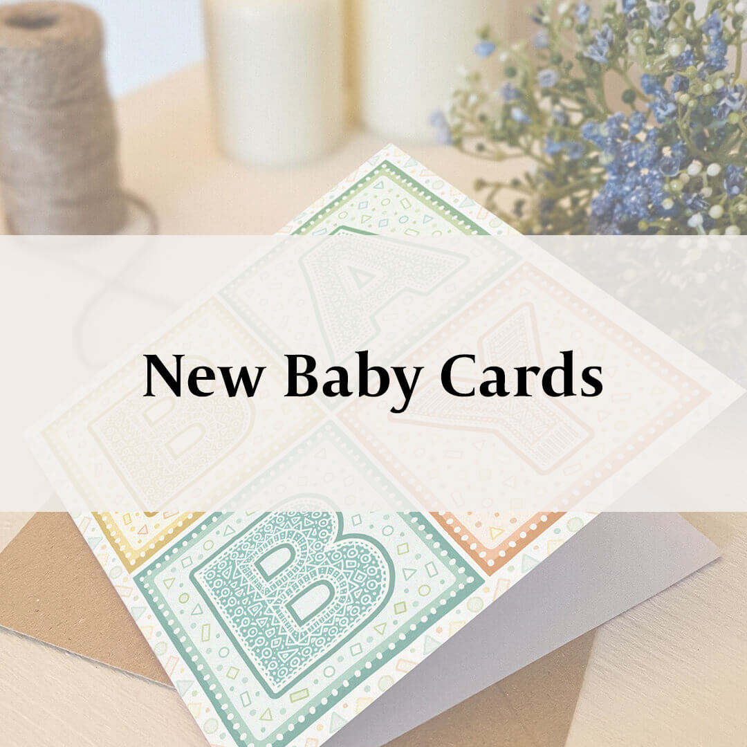 Colourful new baby card with 'New Baby Cards' text overlay