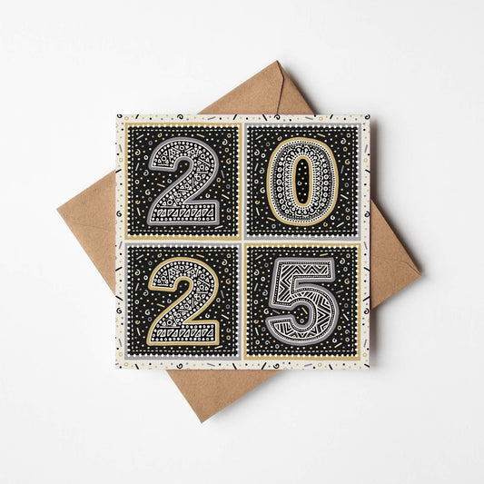 Black and Gold Unique 2025 New Year card Modern typographic New Year card Printed on FSC certified card Blank inside