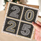 Hand holding Black and Gold 2025 New Year card Modern unique New Year card design Printed on FSC certified card Supplied with kraft brown recycled envelope