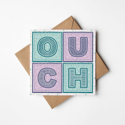 Purple and turquoise typographic get well soon card Unique ouch get well soon card for friends Printed on FSC-certified card with a recycled kraft brown envelope Blank inside