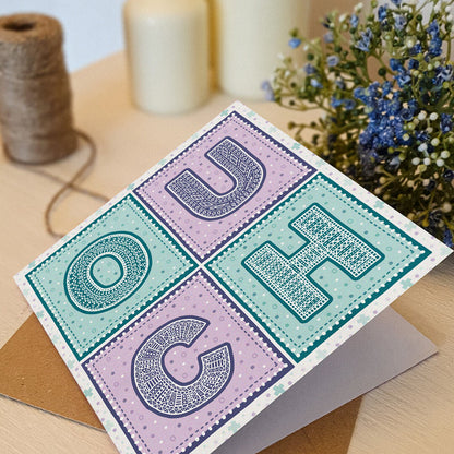 Unique turquoise and purple typographic get well soon card Printed on FSC-certified card with a recycled kraft brown envelope Blank inside