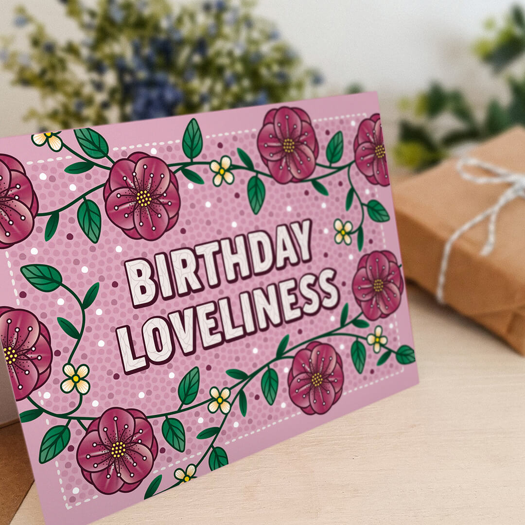 unique pink floral birthday card for friend blank inside recycled kraft brown envelope
