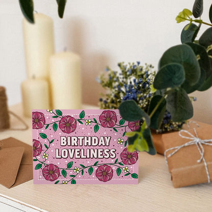 pink floral birthday card with birthday loveliness message blank inside recycled kraft brown envelope