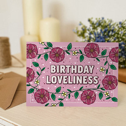 pink floral birthday card with birthday loveliness message blank inside recycled kraft brown envelope