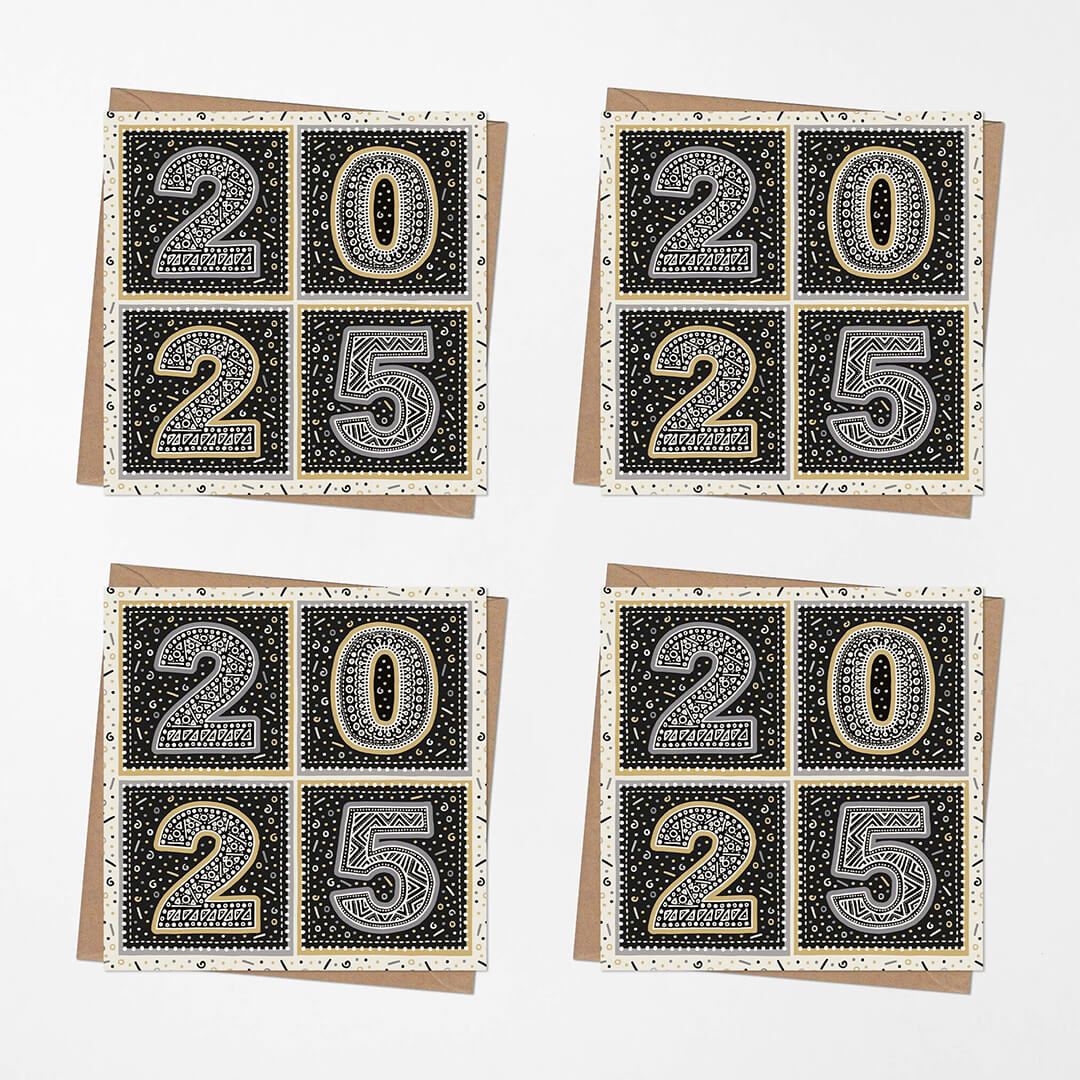 pack of 8 unique black and gold 2025 new year cards Blank inside Supplied with kraft brown recycled envelopes