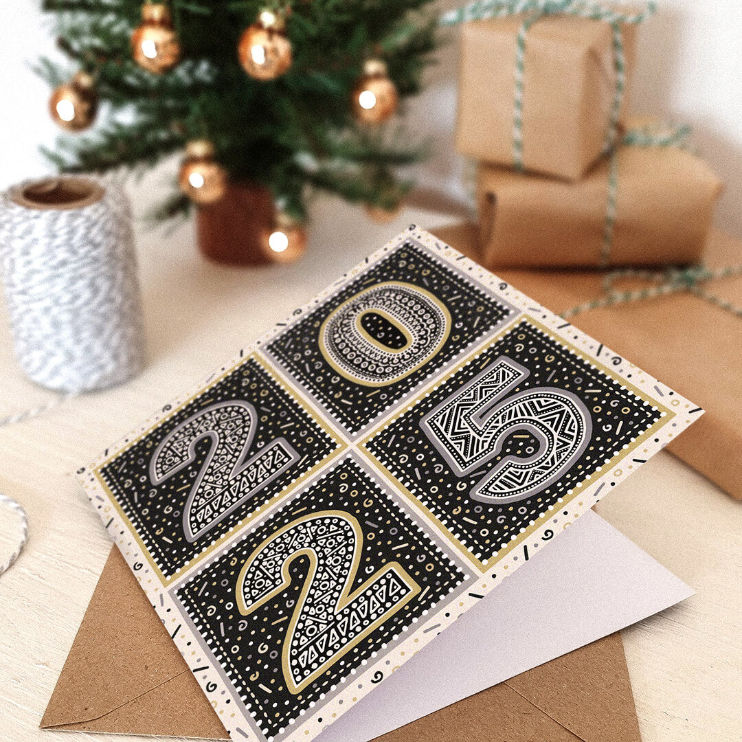 black and gold 2025 new year card multipack Blank inside Supplied with kraft brown recycled envelopes