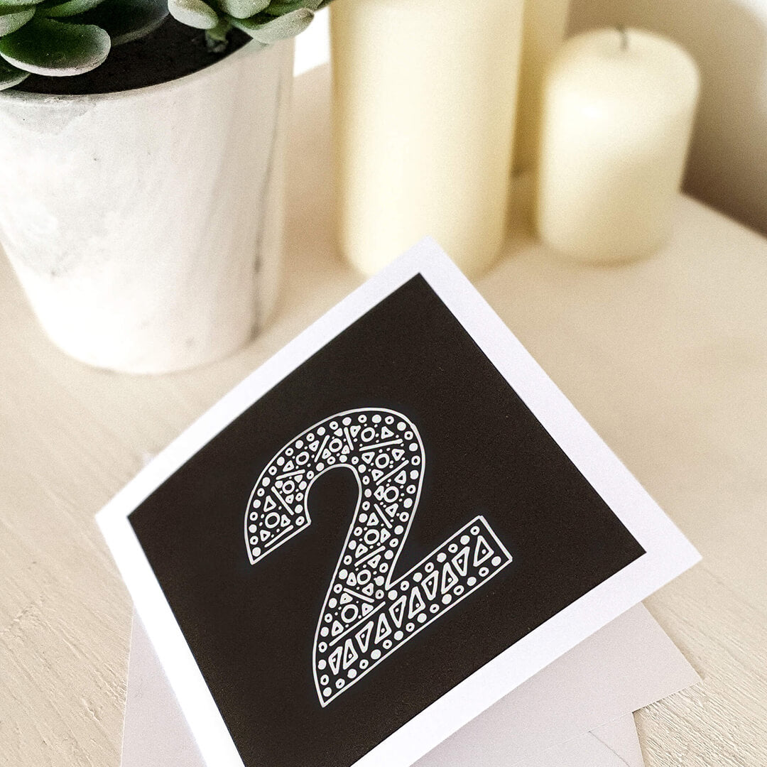 Unique second birthday card Childrens age birthday cards featuring modern black and white illustration Blank inside