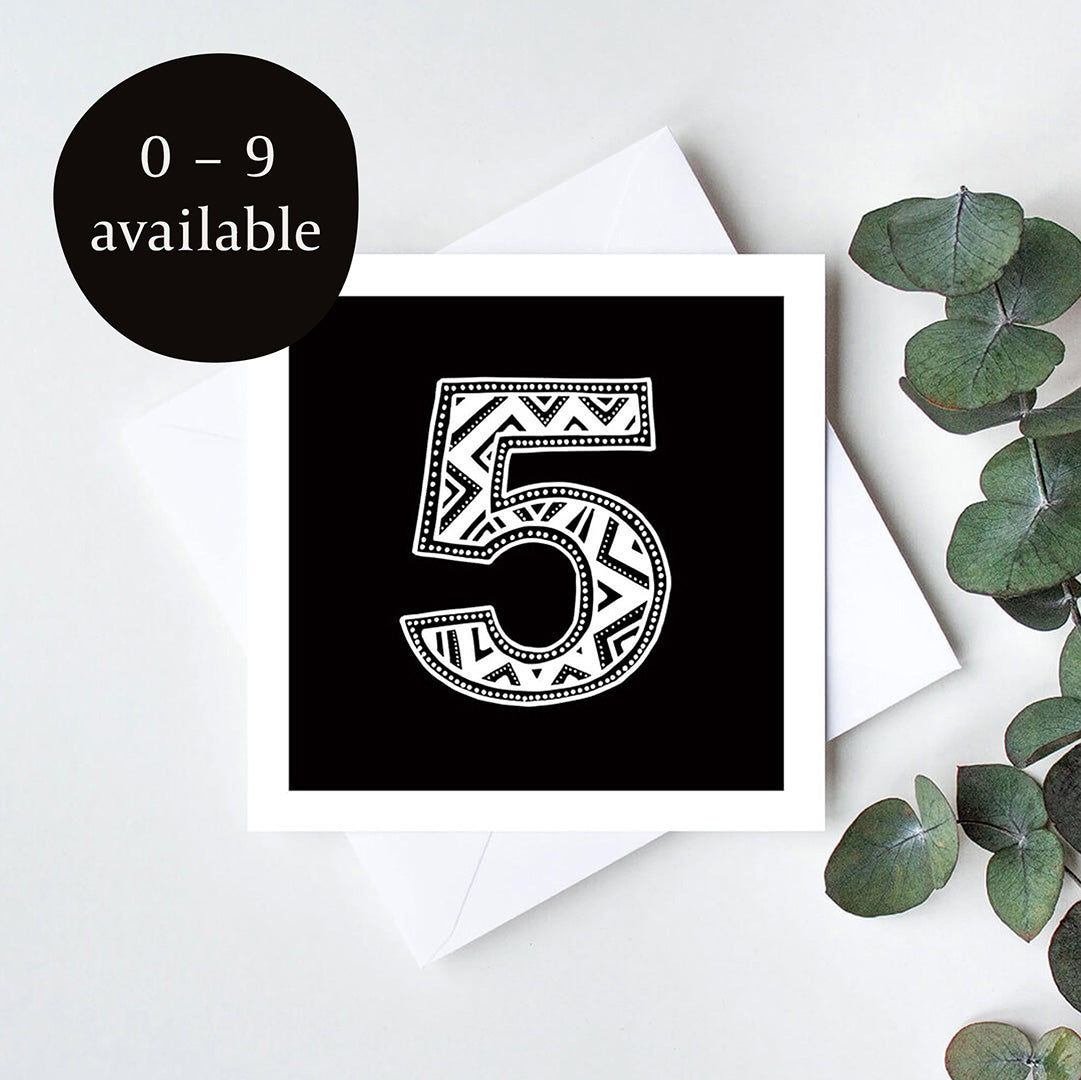 Unique fifth birthday card Unique childrens age birthday cards featuring modern black and white design Blank inside