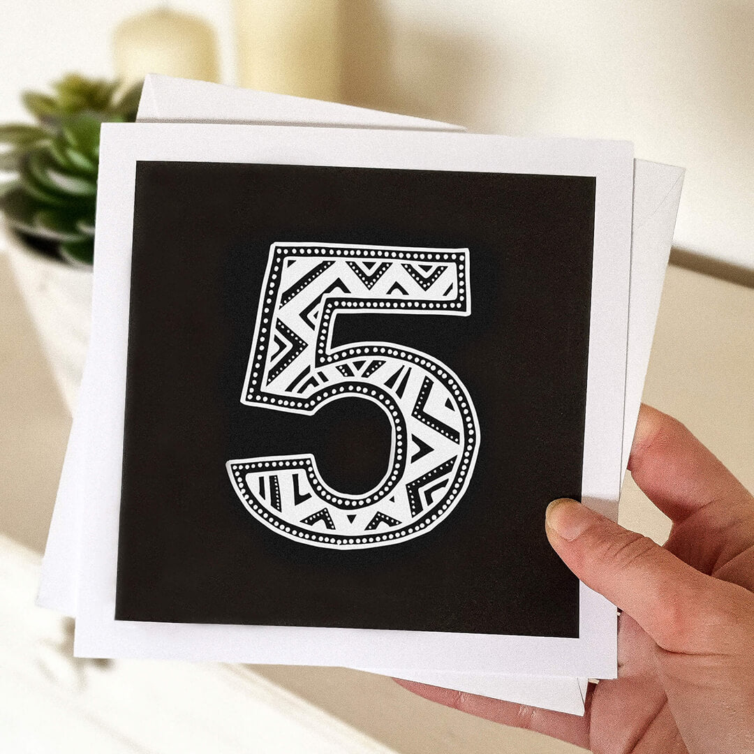 Unique fifth birthday card Childrens age birthday cards featuring modern black and white illustration Blank inside