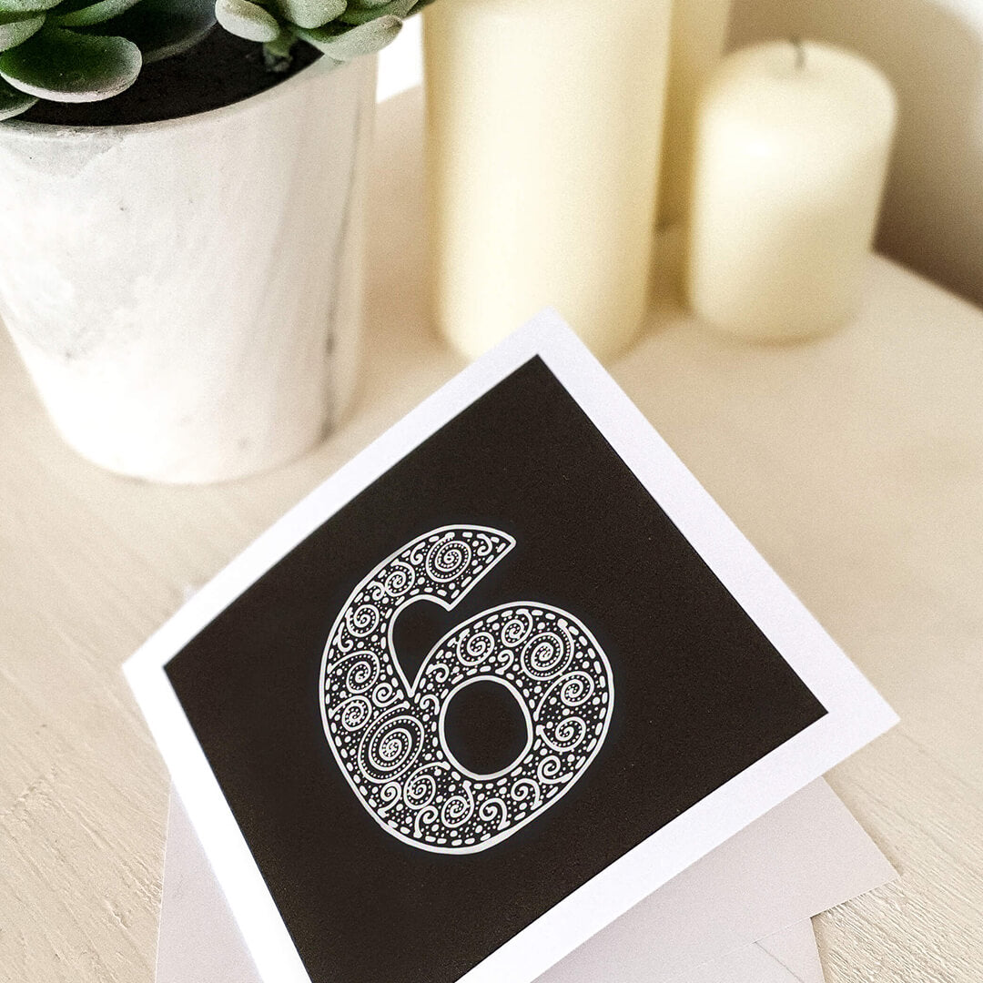 Unique sixth birthday card Childrens age birthday cards featuring modern black and white illustration Blank inside
