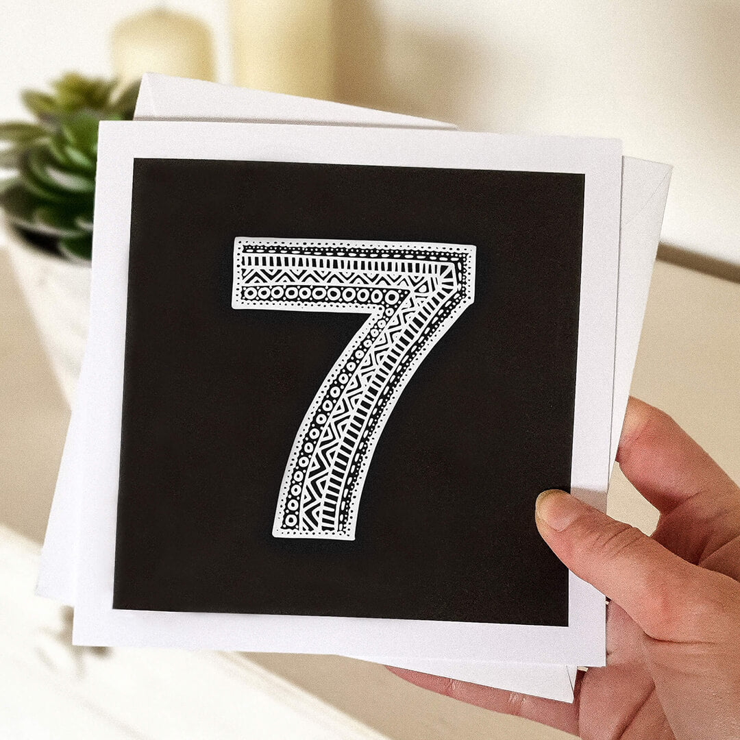 Unique seventh birthday card Childrens age birthday cards featuring modern black and white illustration Blank inside
