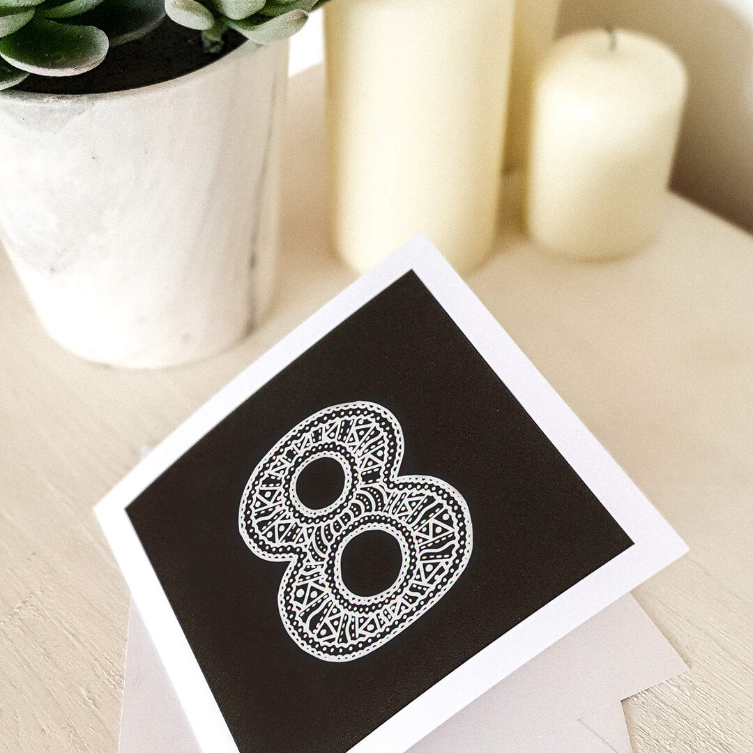 Unique eighth birthday card Childrens age birthday cards featuring modern black and white illustration Blank inside