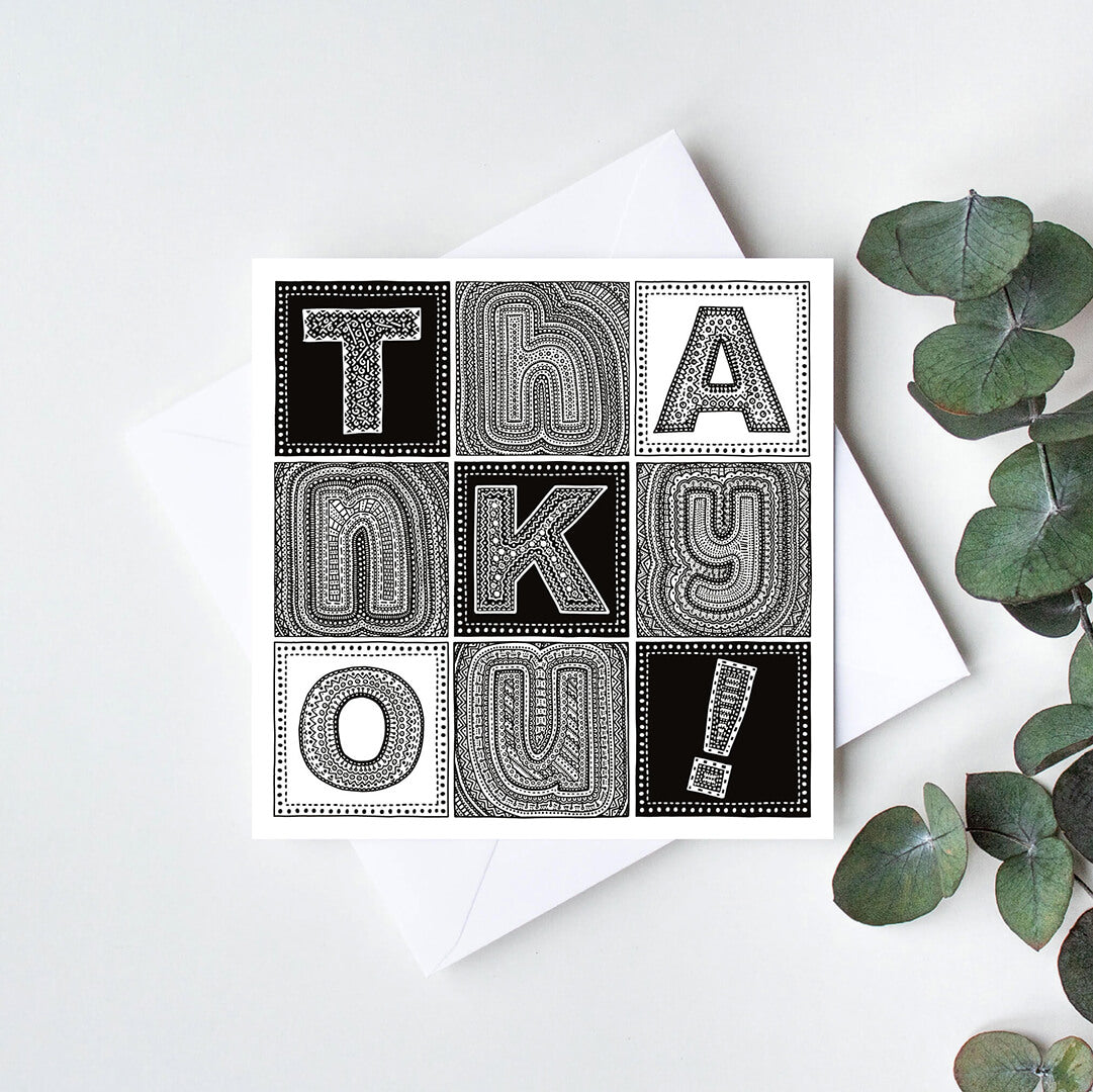 black and white typographic unique thank you card Blank inside