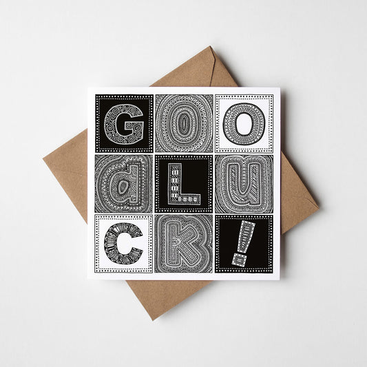 unique black and white typographic good luck card for friend Kraft brown recycled envelope Blank inside