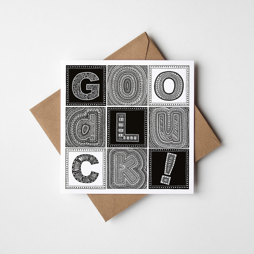 unique black and white typographic good luck card for friend Kraft brown recycled envelope Blank inside