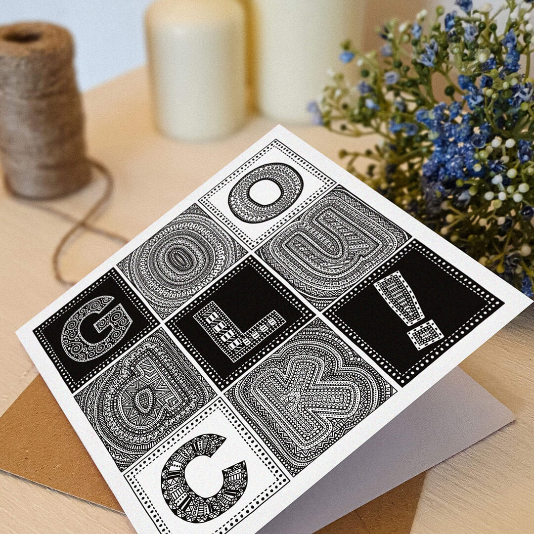 black and white typographic good luck card Kraft brown recycled envelope Blank inside