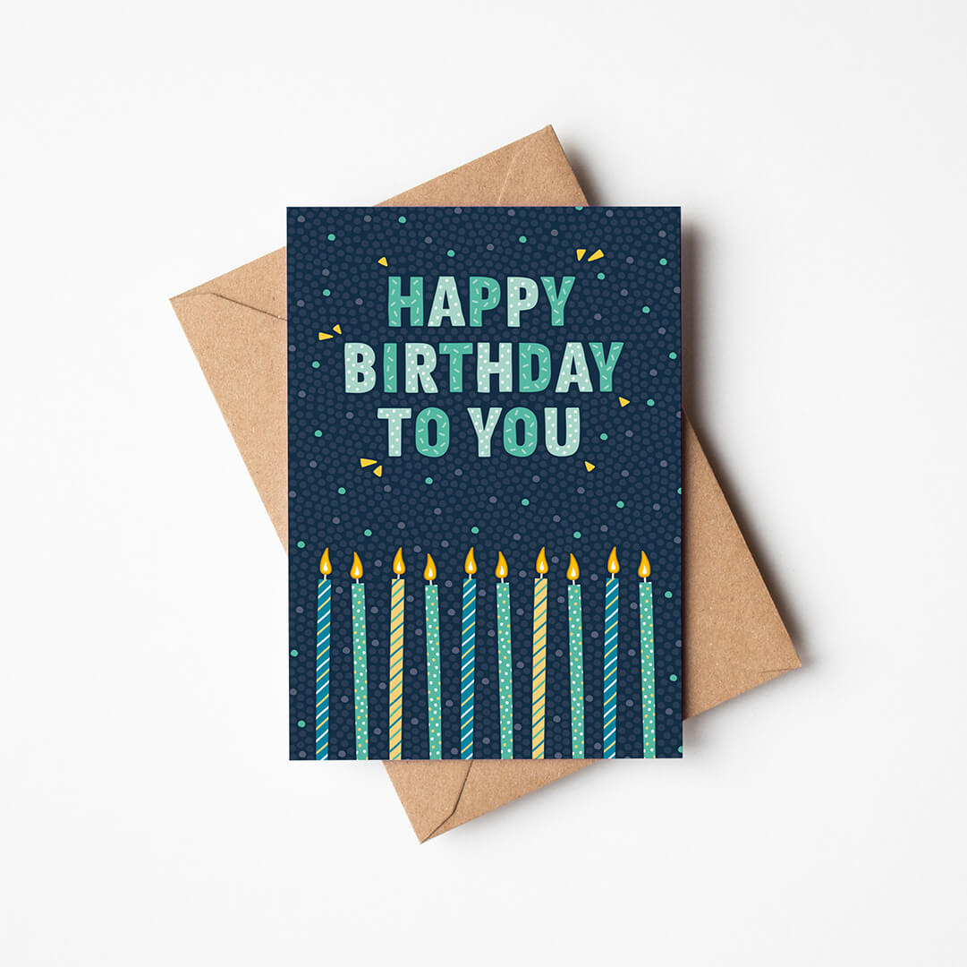blue and green happy birthday candles card unisex birthday card Printed on FSC-certified card and supplied with a recycled kraft brown envelope