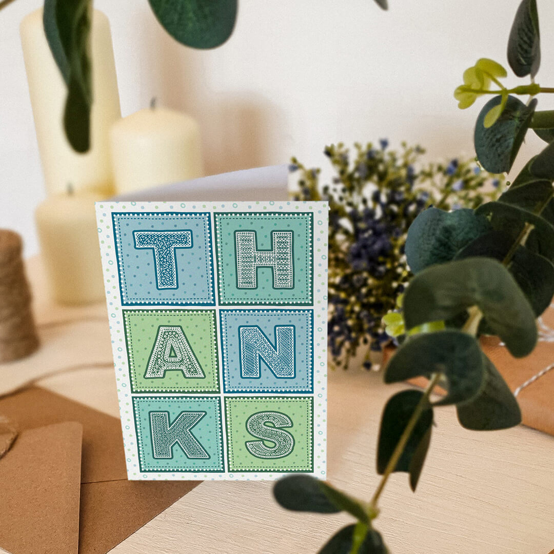 unique and colourful typographic thank you card Supplied with kraft brown recycled envelope Blank inside