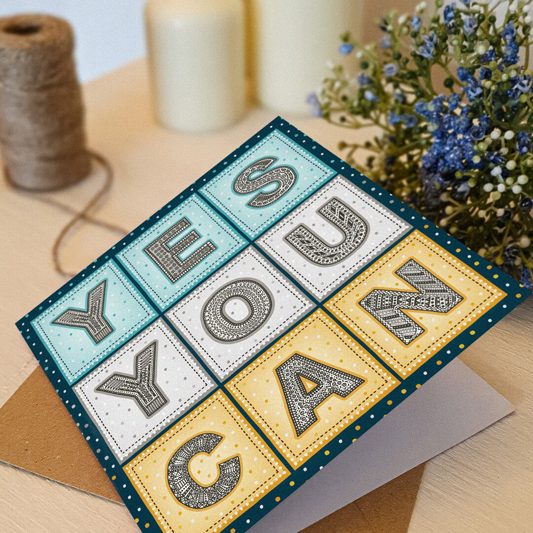 unique yes you can inspiring card blue and yellow mental health card Printed on FSC certified card and supplied with a recycled kraft brown envelope