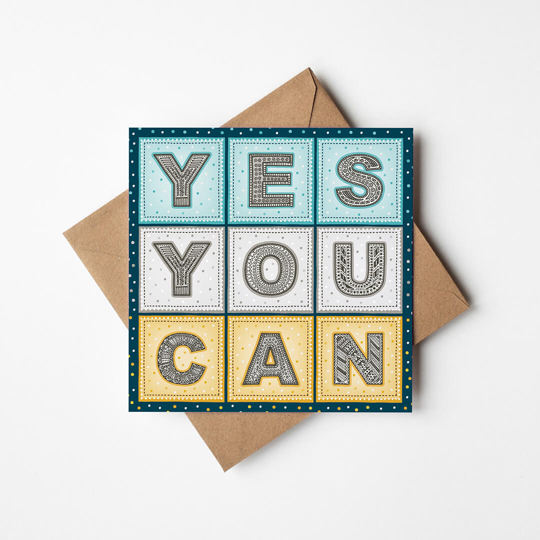 blue and yellow yes you can inspiring card unique typographic mental health card Printed on FSC-certified card and supplied with a recycled kraft brown envelope