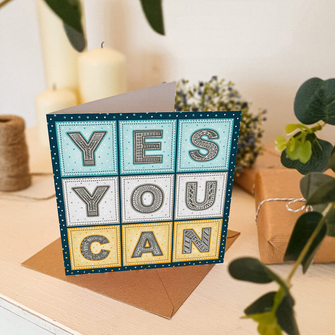 blue and yellow yes you can inspiring card typographic and positive mental health card Printed on FSC-certified card and supplied with a recycled kraft brown envelope
