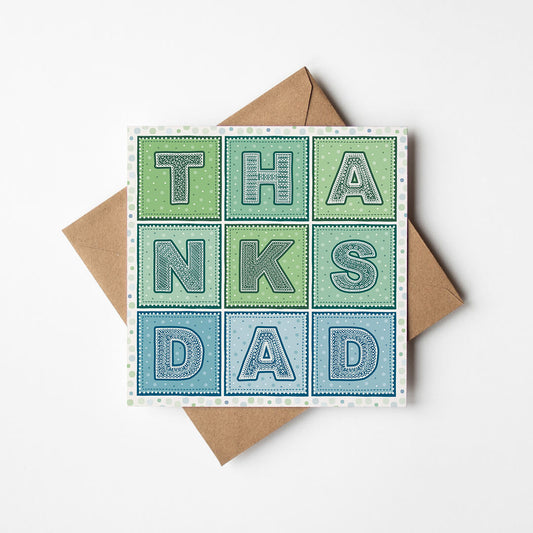 blue and green typographic father's day card with thanks dad message