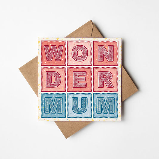 red and blue superhero themed wonder mum mother's day card