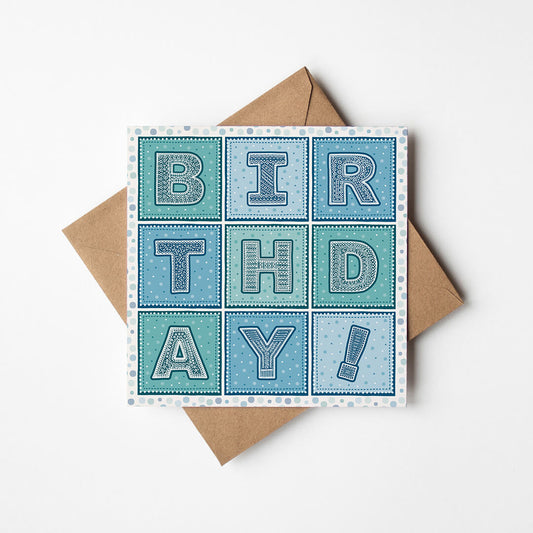 Unique blue and turquoise typographic birthday card Perfect for male relatives and friends Printed on FSC-certified card with kraft brown recycled envelope Blank inside