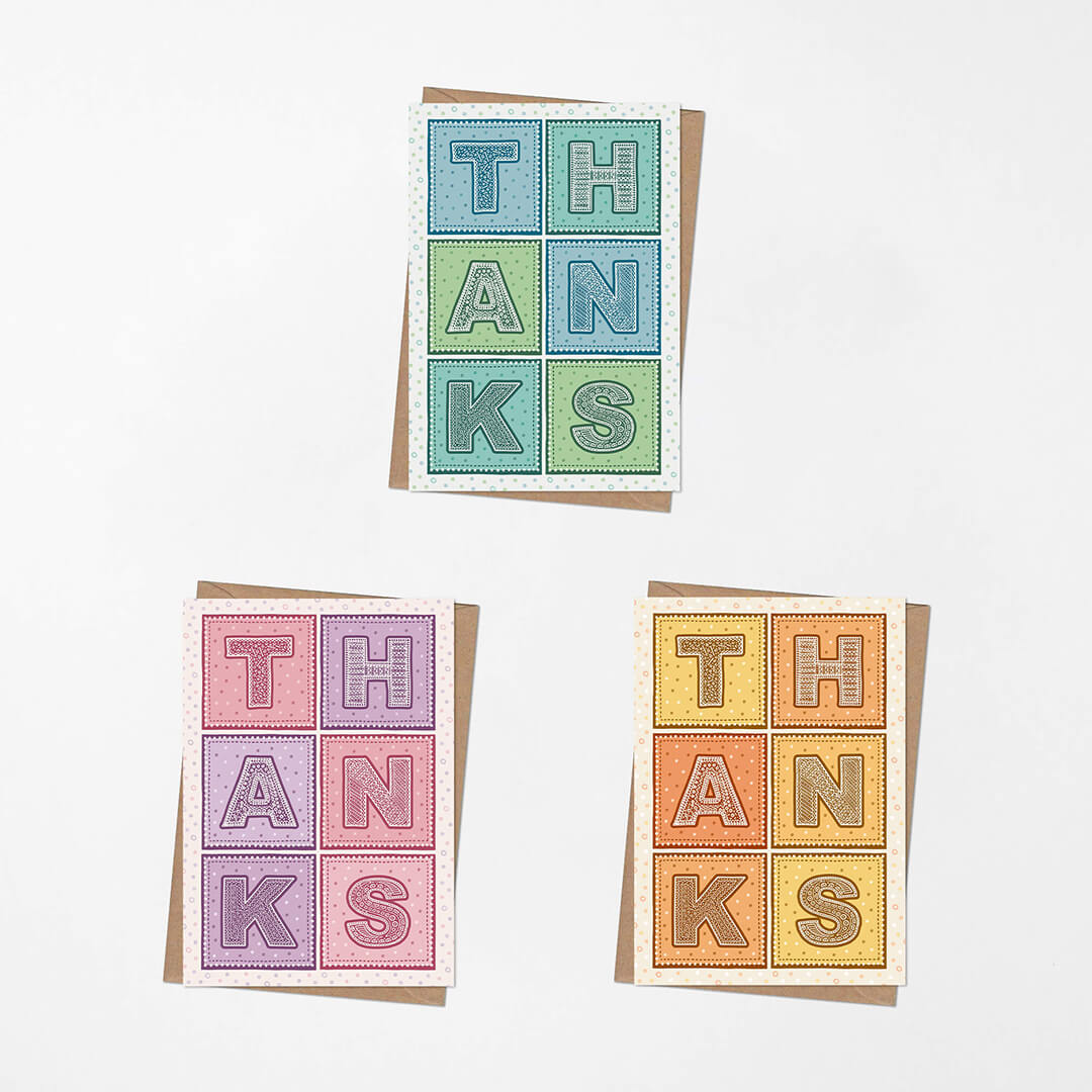 bright and colourful blank thank you card multipack Blank inside Supplied with kraft brown recycled envelopes