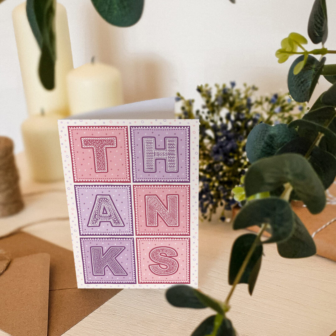 pink and purple typographic thank you card Part of the bright and colourful blank thank you card multipack Blank inside Supplied with kraft brown recycled envelopes