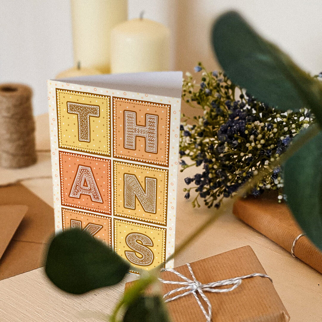 yellow and orange typographic thank you card Part of the bright and colourful blank thank you card multipack Blank inside Supplied with kraft brown recycled envelopes