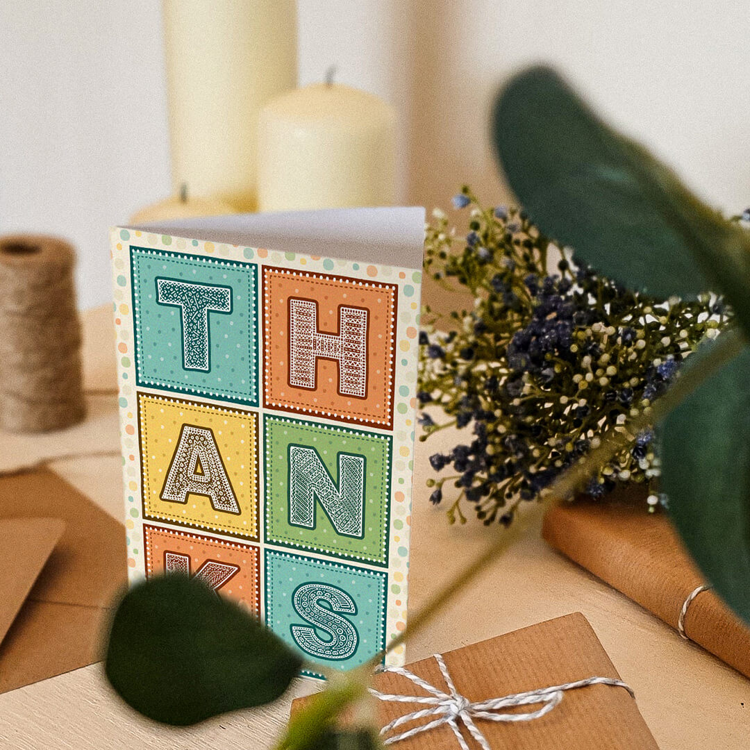 Turquoise orange and yellow typographic thank you card multipack Pack of bright and colourful unique thank you cards Printed on FSC-certified card with kraft brown recycled envelopes Blank inside