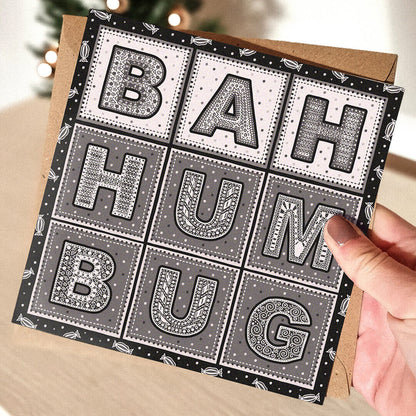 funny bah humbug christmas card Part of the bumper unique typographic christmas card multipack Blank inside Supplied with kraft brown recycled envelopes