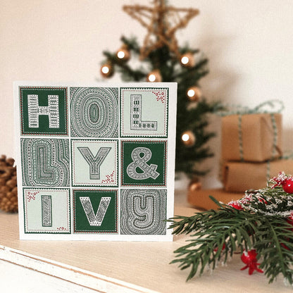 holly and ivy christmas card Part of the bumper unique typographic christmas card multipack Blank inside Supplied with kraft brown recycled envelopes