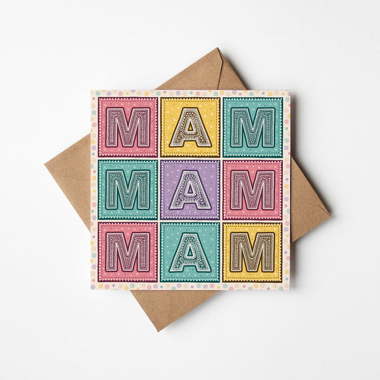 Colourful Mother's Day card with 'MAM MAM MAM' message on a white background.
