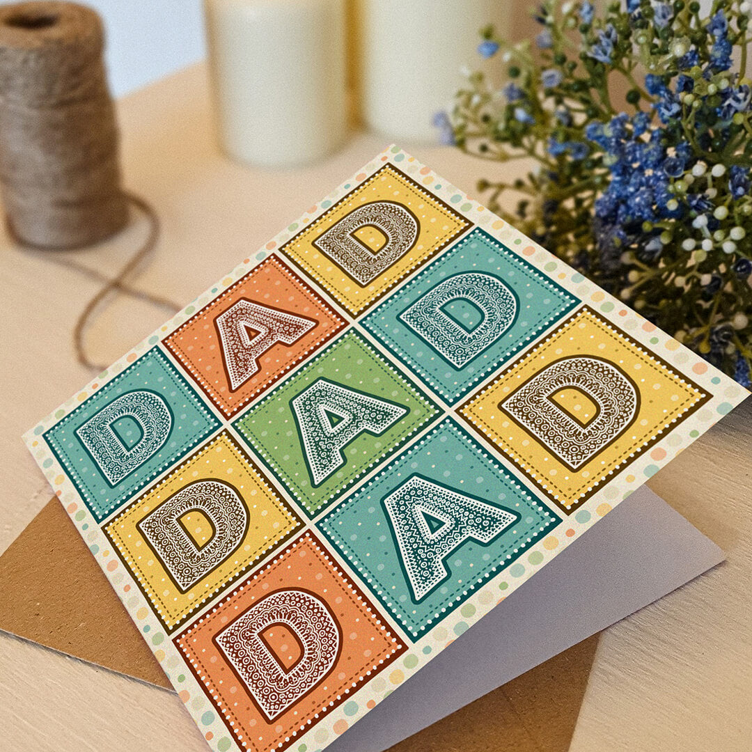 unique colourful typographic father's day card Supplied with kraft brown recycled envelope Blank inside