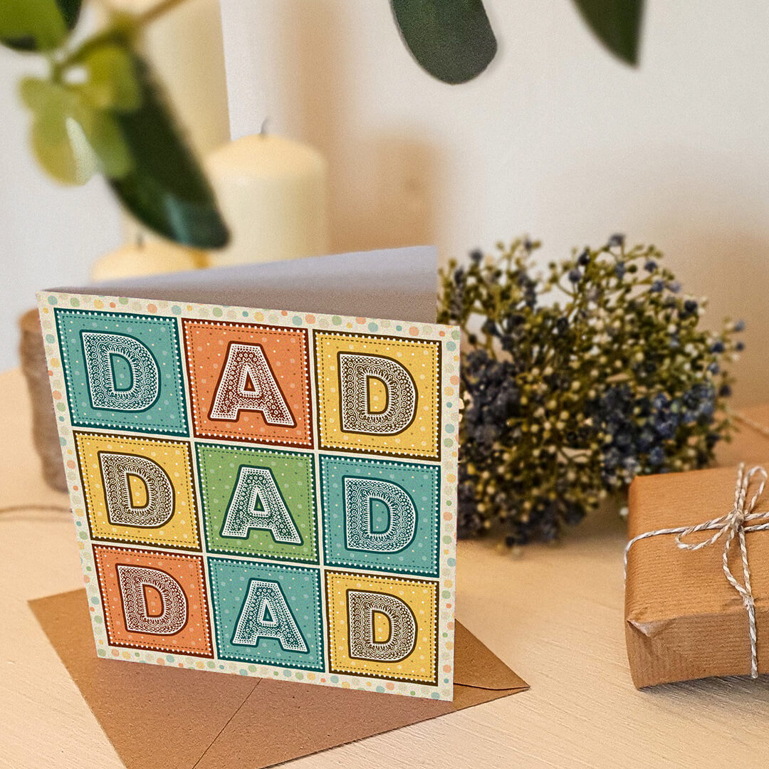 blue orange and yellow typographic father's day card Supplied with kraft brown recycled envelope Blank inside