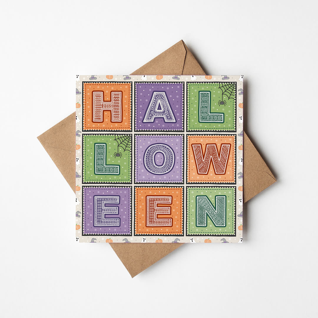 colourful typographic halloween card Printed on fsc-certified card Blank inside