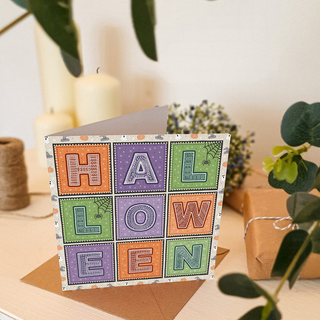 green orange and purple typographic halloween card Supplied with kraft brown recycled envelope Blank inside