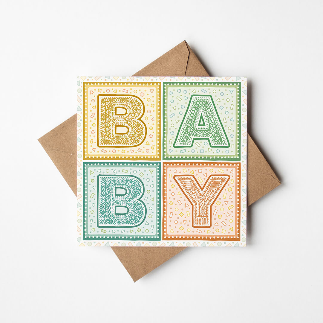 colourful typographic new baby card Printed on fsc-certified card Blank inside