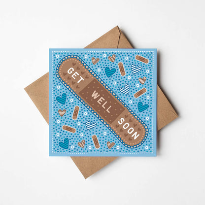 Blue cute get well soon card featuring a plaster illustration Unique get well soon card Supplied with a kraft brown recycled envelope Blank inside